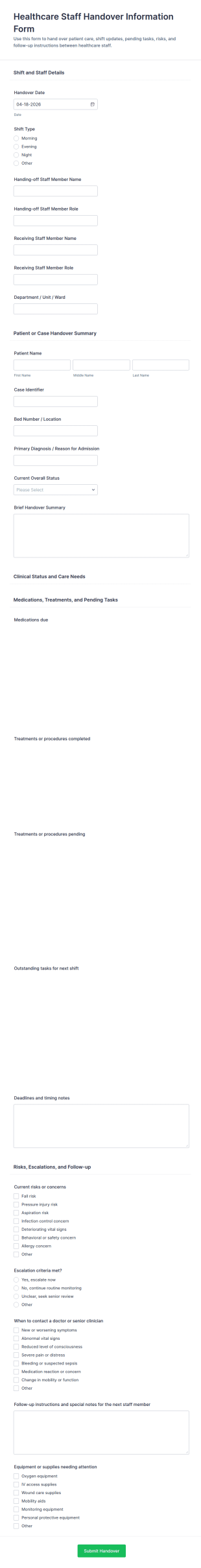Healthcare Staff Handover Information Form Template