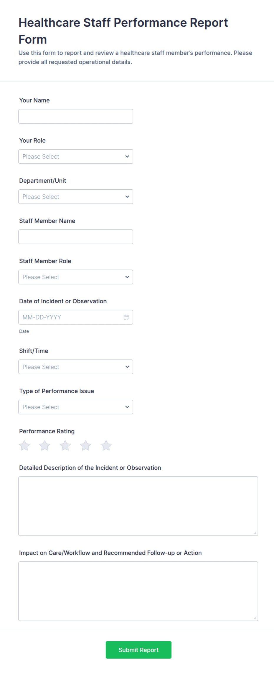 Healthcare Staff Performance Report Form Template | Jotform