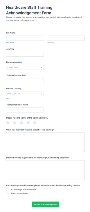 Healthcare Staff Training Acknowledgement Form Template