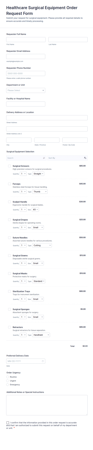 Healthcare Surgical Equipment Order Request Form Template