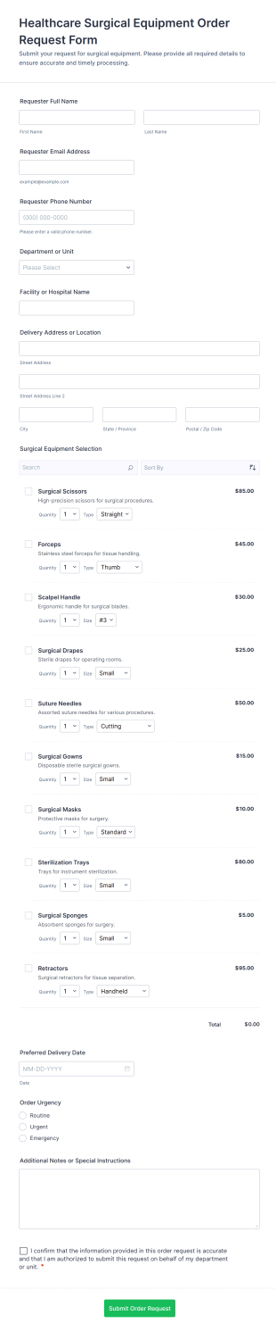 Healthcare Surgical Equipment Order Request Form Template