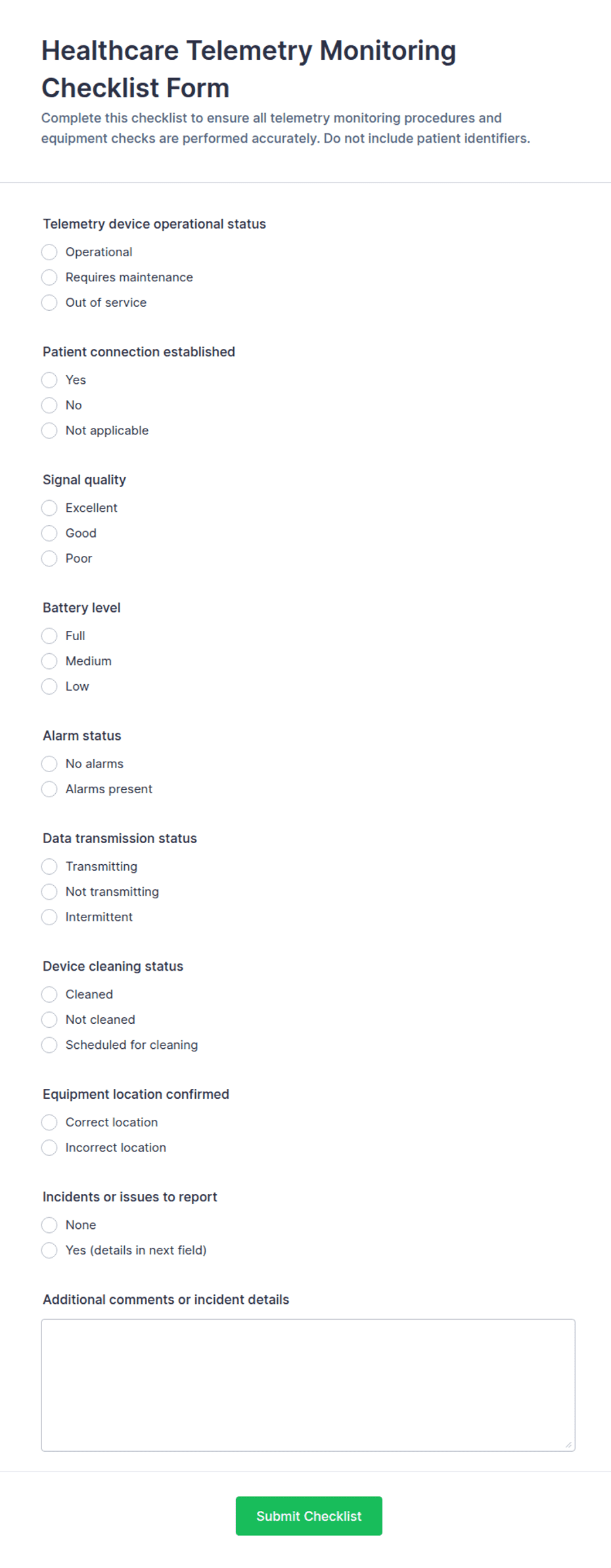 Healthcare Telemetry Monitoring Checklist Form Template | Jotform