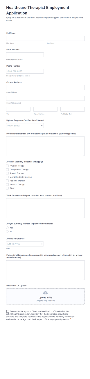 Healthcare Therapist Employment Application Form Template