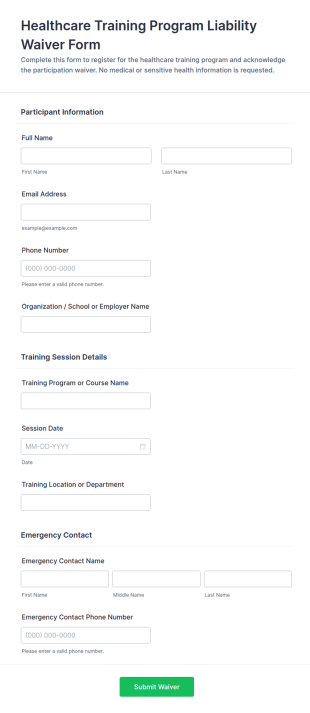Healthcare Training Program Liability Waiver Form Template