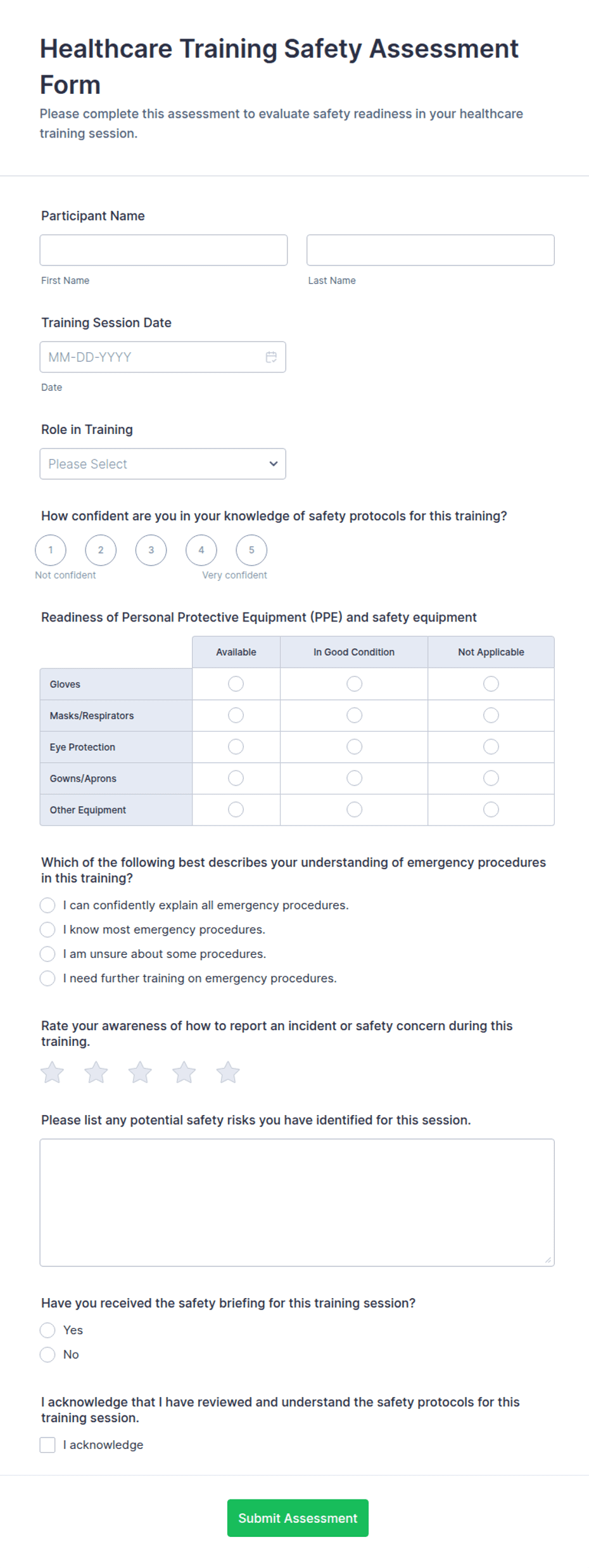 High Risk Training Form Healthcare Training Safety Assessment Form Template | Jotform