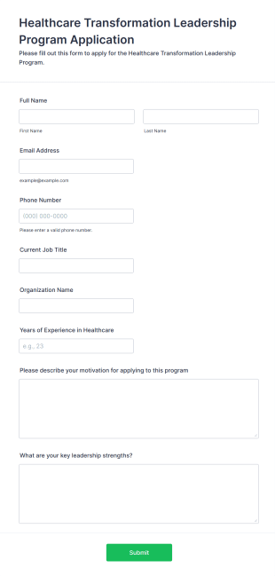 Healthcare Transformation Leadership Program Application Form Form Template