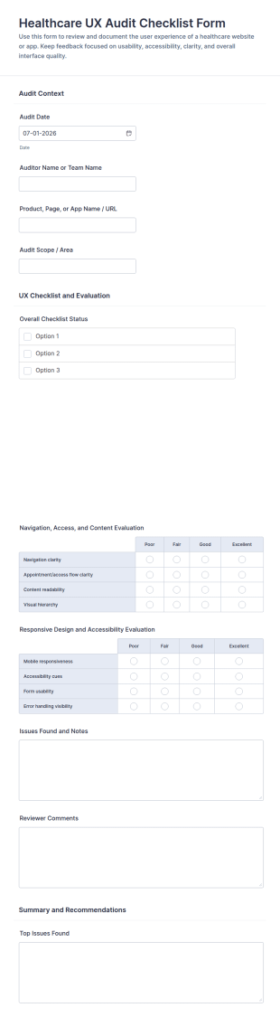 Healthcare UX Audit Checklist Form Template