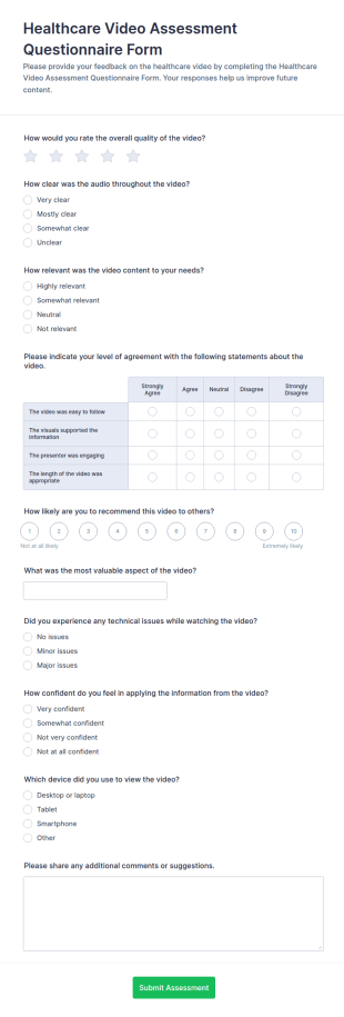 Healthcare Video Assessment Questionnaire Form Template