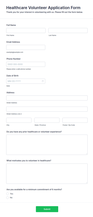 Healthcare Volunteer Application Form Template