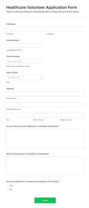 Healthcare Volunteer Application Form Form Template