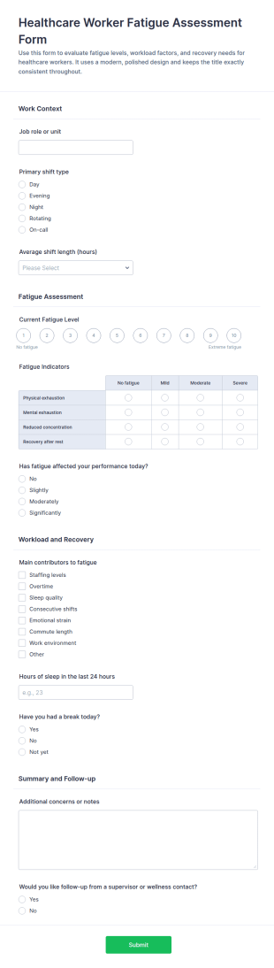 Healthcare Worker Fatigue Assessment Form Template