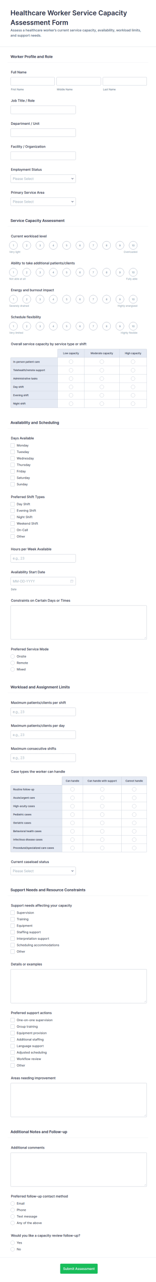 Healthcare Worker Service Capacity Assessment Form Template