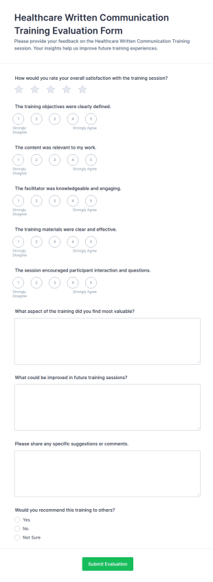 Healthcare Written Communication Training Evaluation Form Template