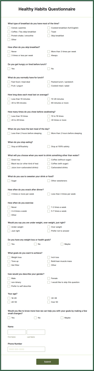 Healthy Habits Questionnaire Form Template