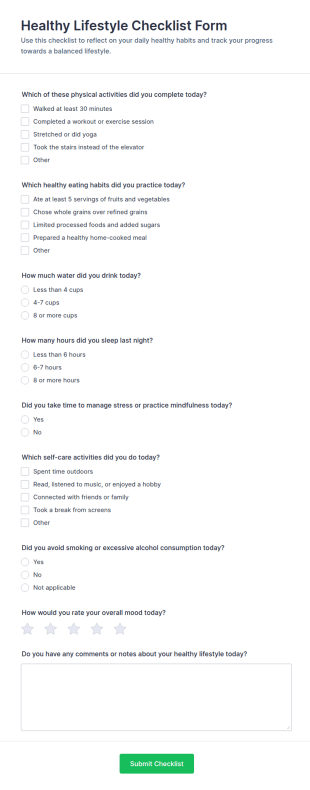 Healthy Lifestyle Checklist Form Template