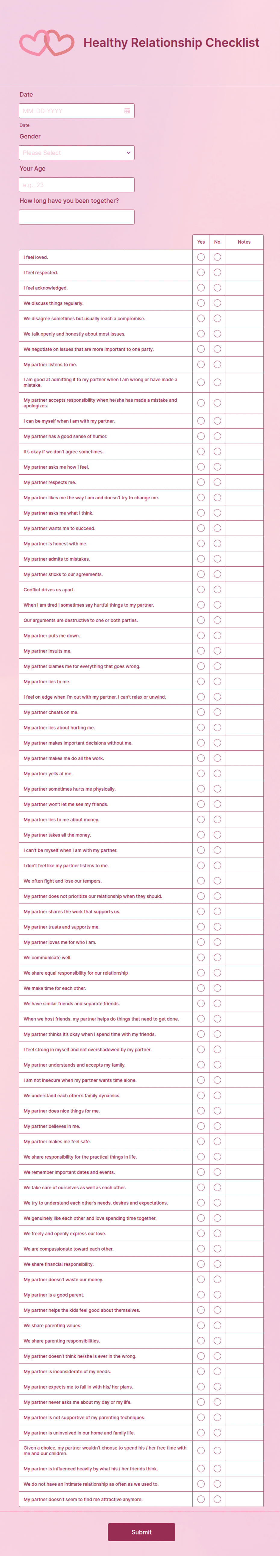 Relationship Checklist.pdf Healthy Relationship Checklist Form Template | Jotform