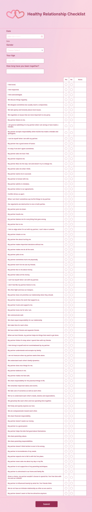 Healthy Relationship Checklist Form Template