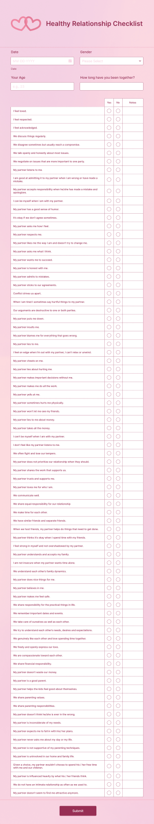 Healthy Relationship Checklist Form Template