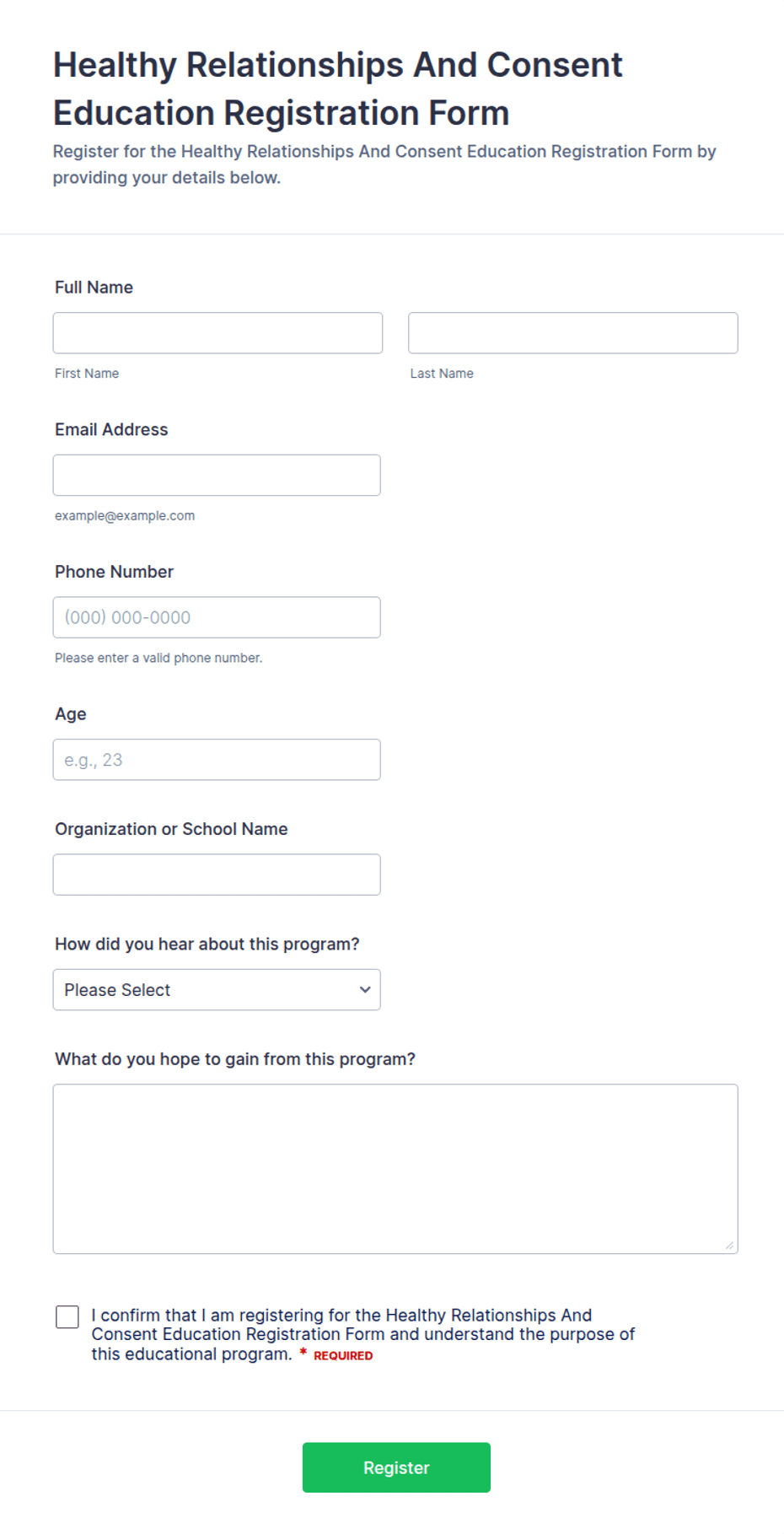 Healthy Relationships And Consent Education Registration Form Template ...