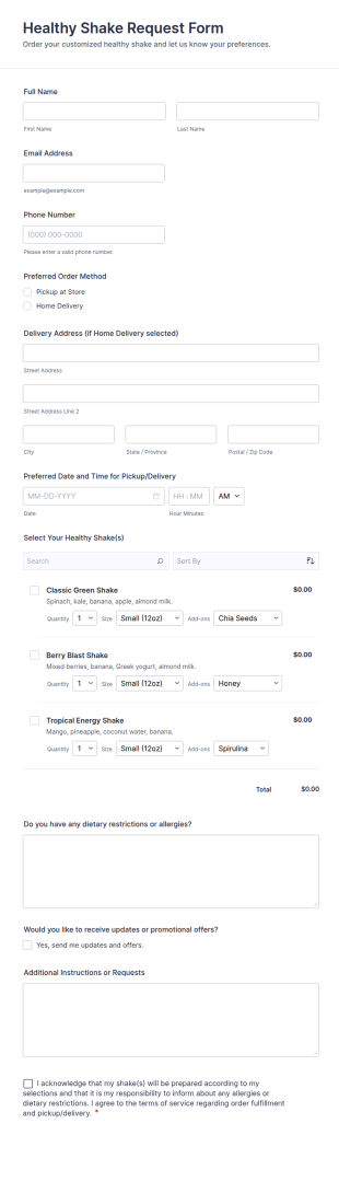 Healthy Shake Request Form Template