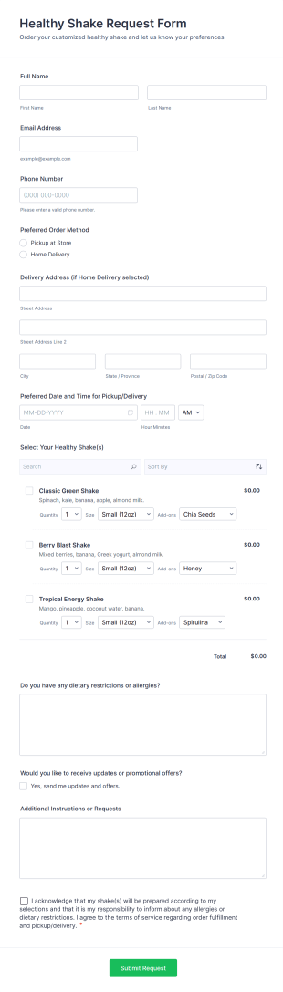 Healthy Shake Request Form Template