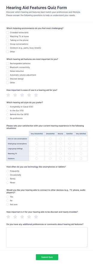 Hearing Aid Features Quiz Form Template