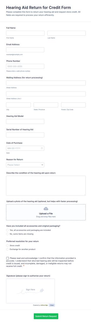 Hearing Aid Return For Credit Form Template