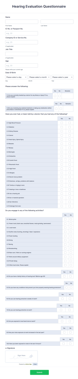Hearing Evaluation Questionnaire Form Template