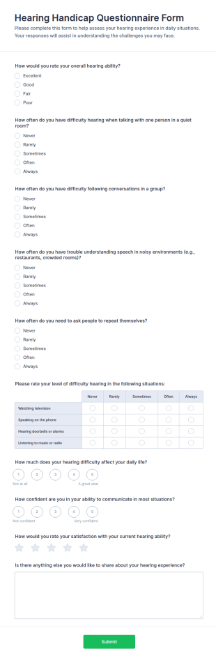 Hearing Handicap Questionnaire Form Template