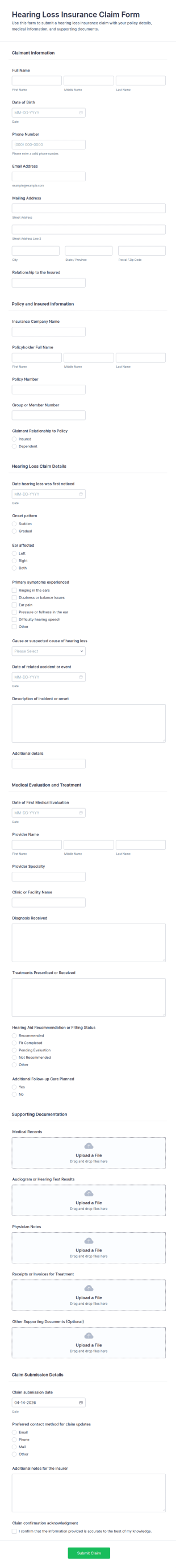 Hearing Loss Insurance Claim Form Template