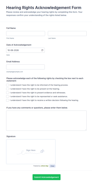 Hearing Rights Acknowledgement Form Template