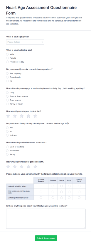 Heart Age Assessment Questionnaire Form Template