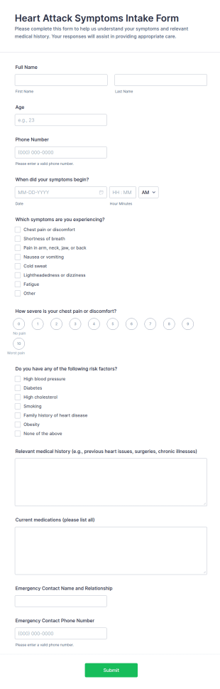 Heart Attack Symptoms Intake Form Template