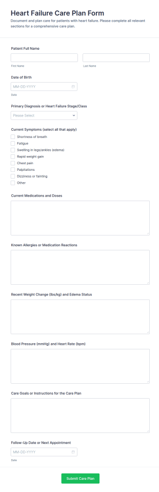 Heart Failure Care Plan Form Template