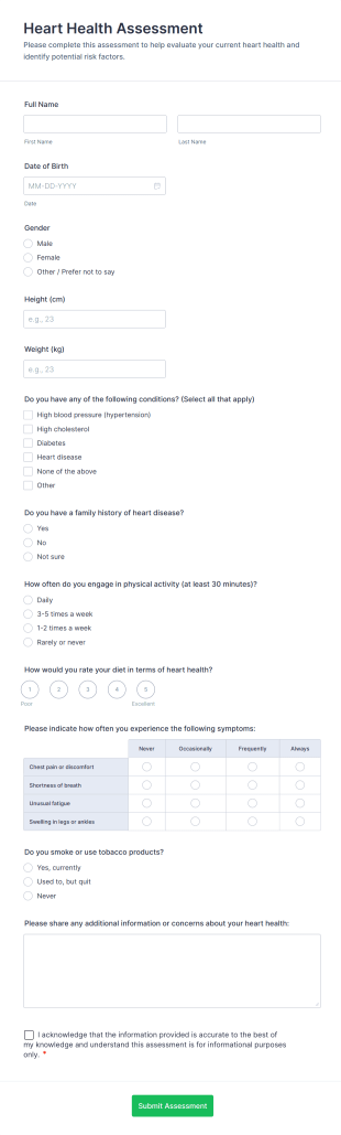 Heart Health Assessment Form Template