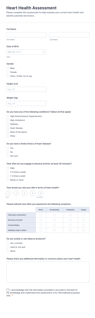 Heart Health Assessment Form Template