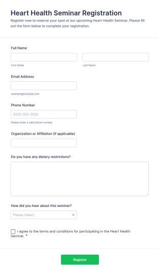 Heart Health Seminar Registration Form Template