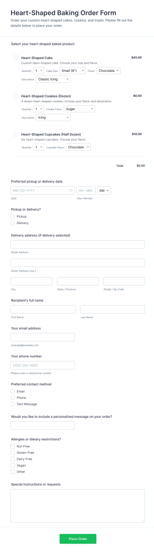 Heart Shaped Baking Order Form Template