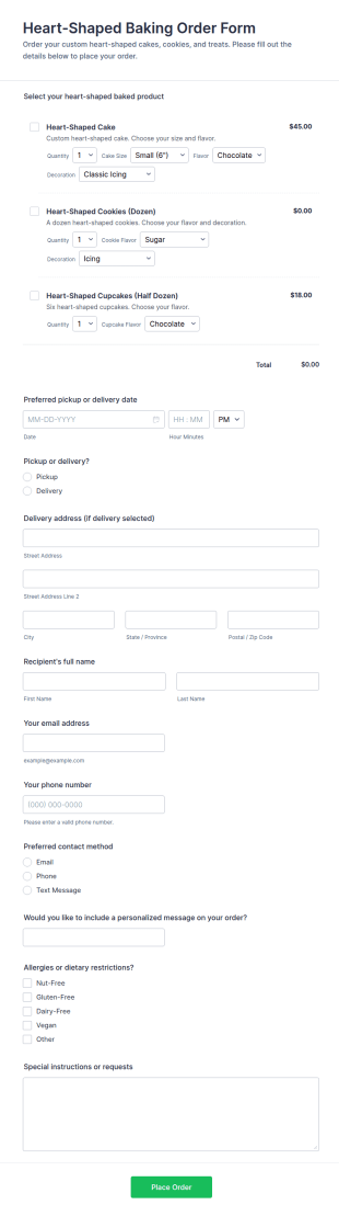 Heart Shaped Baking Order Form Template