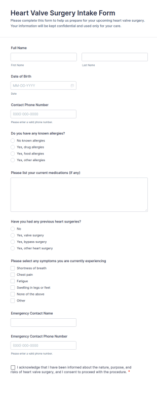 Heart Valve Surgery Intake Form Template