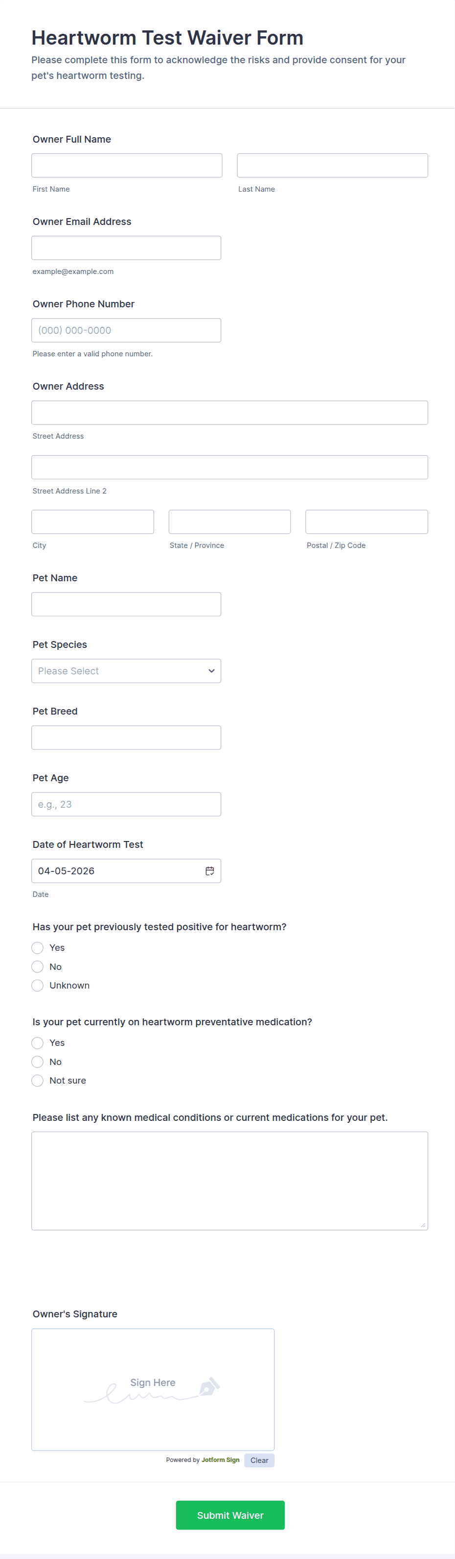 Heartworm Test Waiver Form Template | Jotform