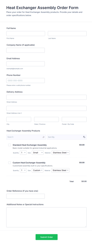 Heat Exchanger Assembly Order Form Template