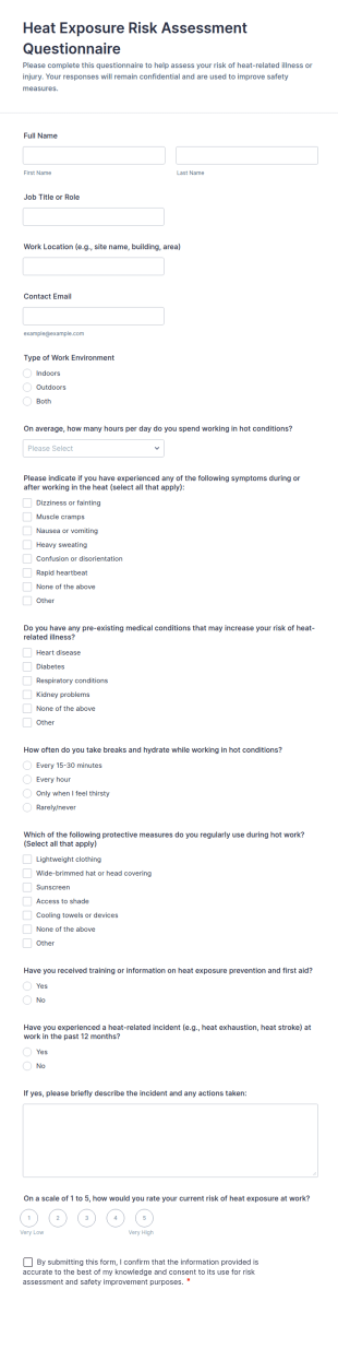 Heat Exposure Risk Assessment Questionnaire Form Template