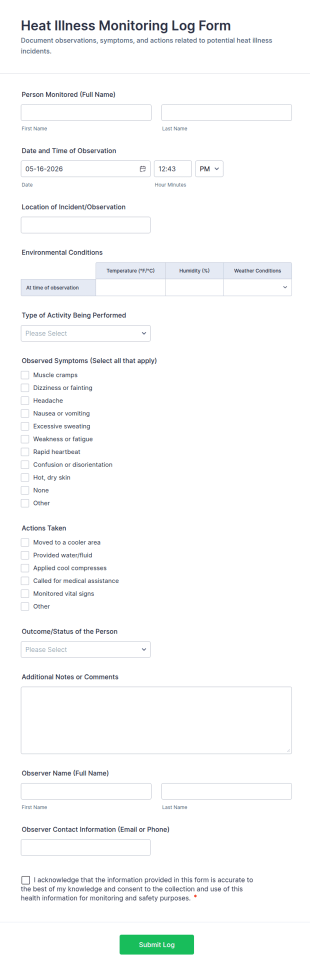 Heat Illness Monitoring Log Form Template
