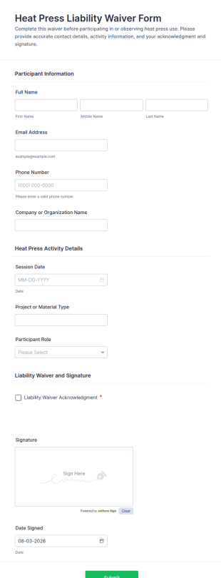 Heat Press Liability Waiver Form Template