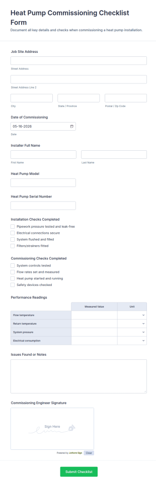 Heat Pump Commissioning Checklist Form Template