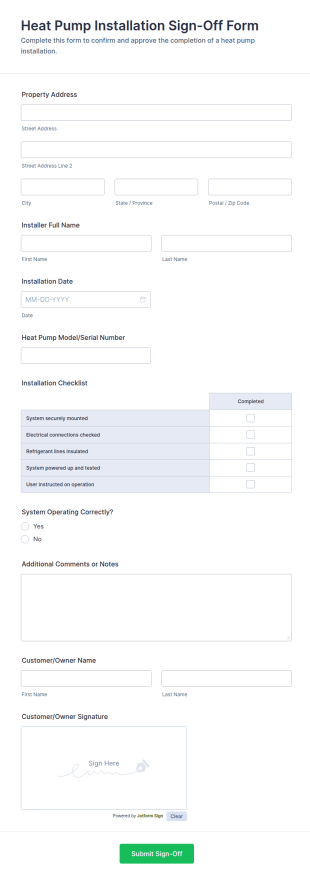 Heat Pump Installation Sign Off Form Template