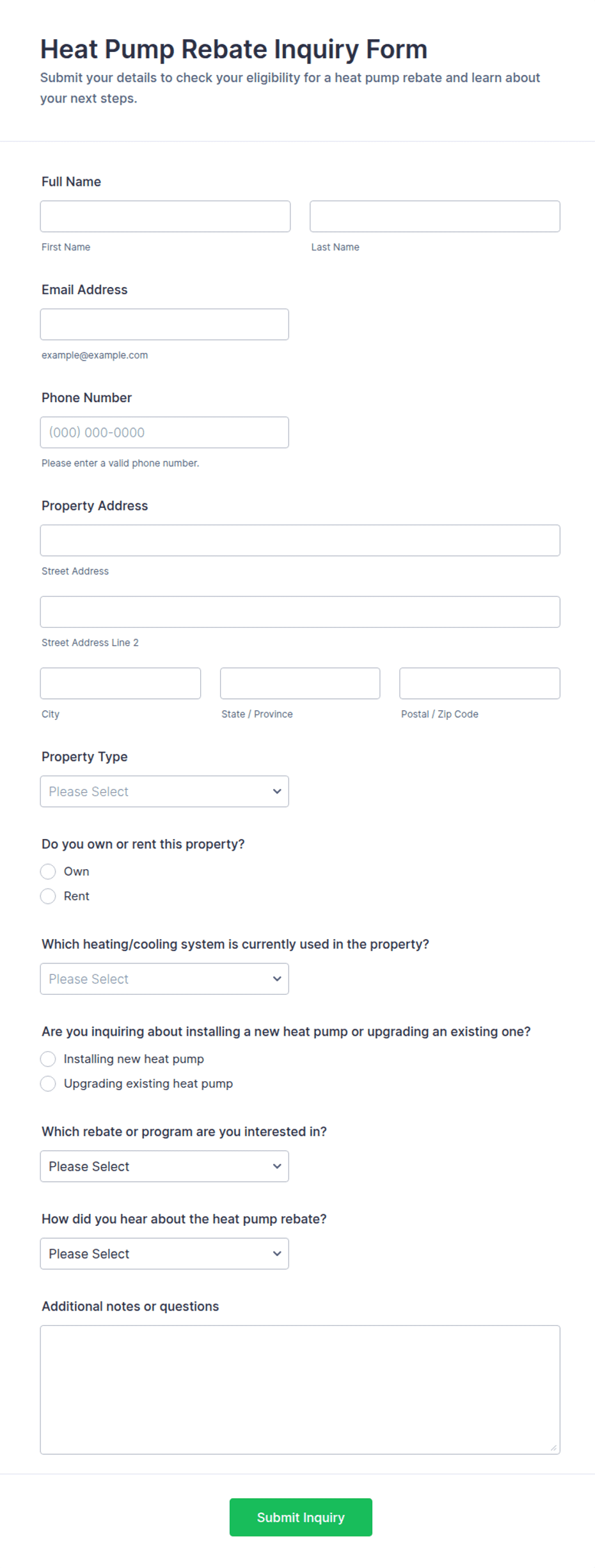 Heat Pump Rebate Inquiry Form Template | Jotform