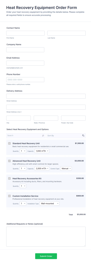Heat Recovery Equipment Order Form Template