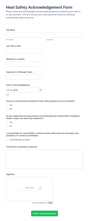 Heat Safety Acknowledgement Form Template